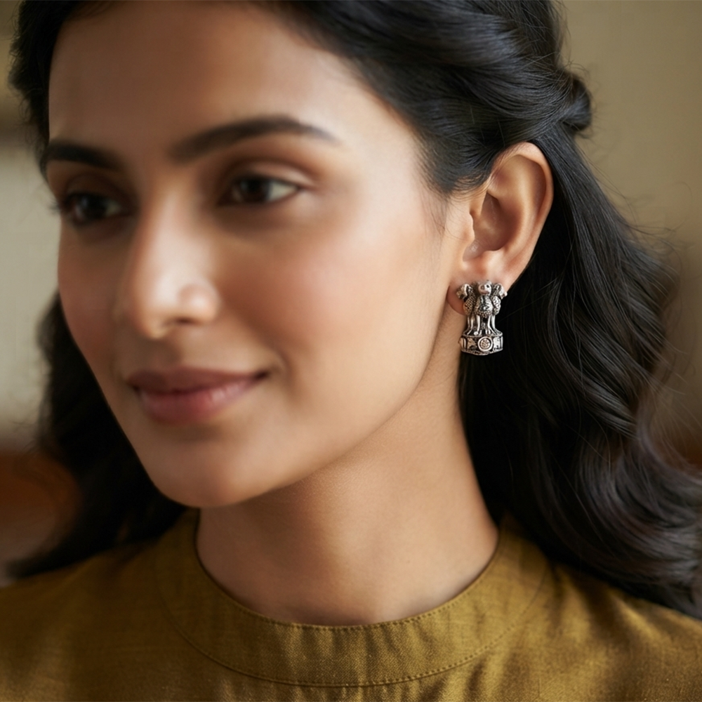 The99Jewel Oxidised Silver Ashoka Lion Capital Stud Earrings for Women