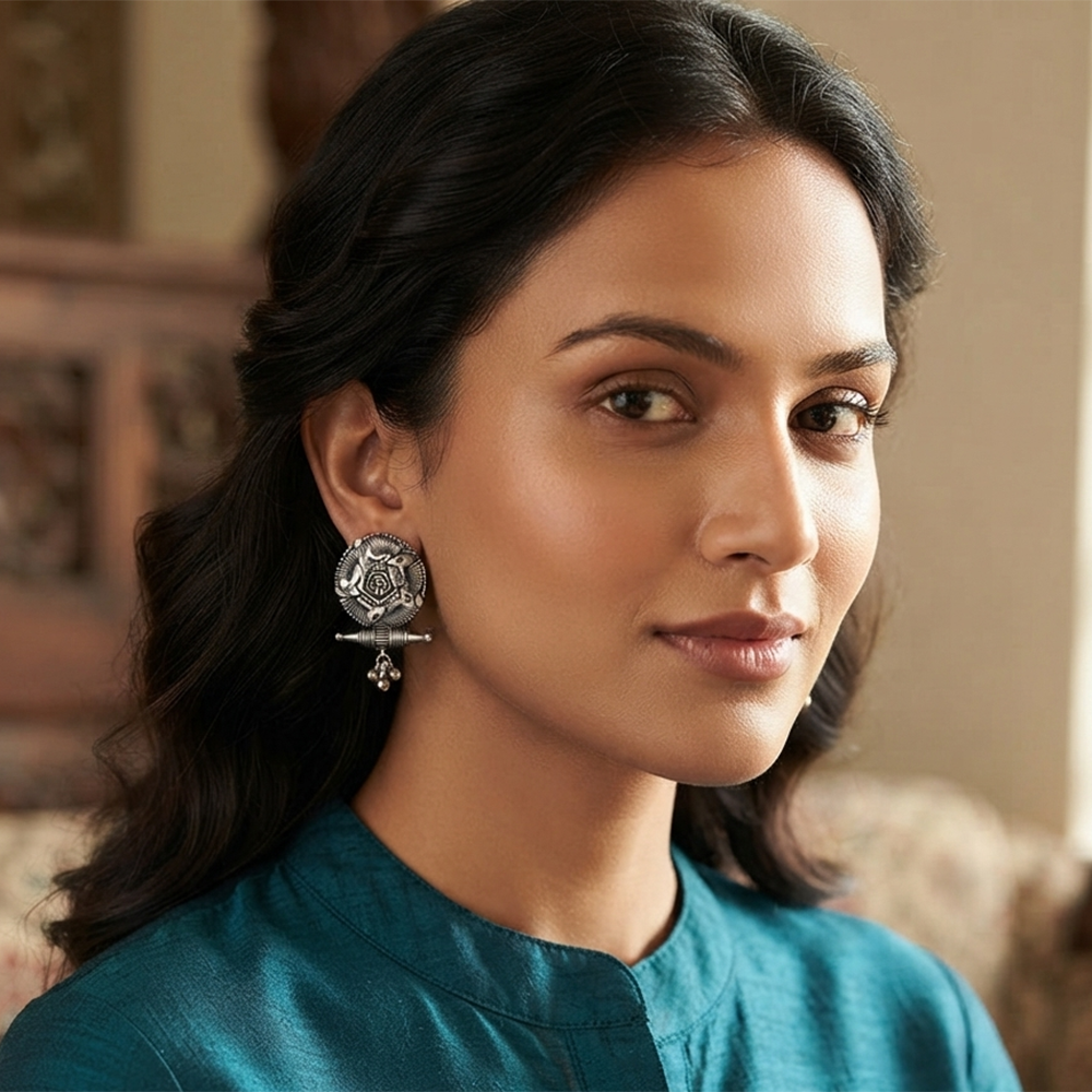 The99Jewel Oxidised Silver Tribal Disc Stud Earrings for Women