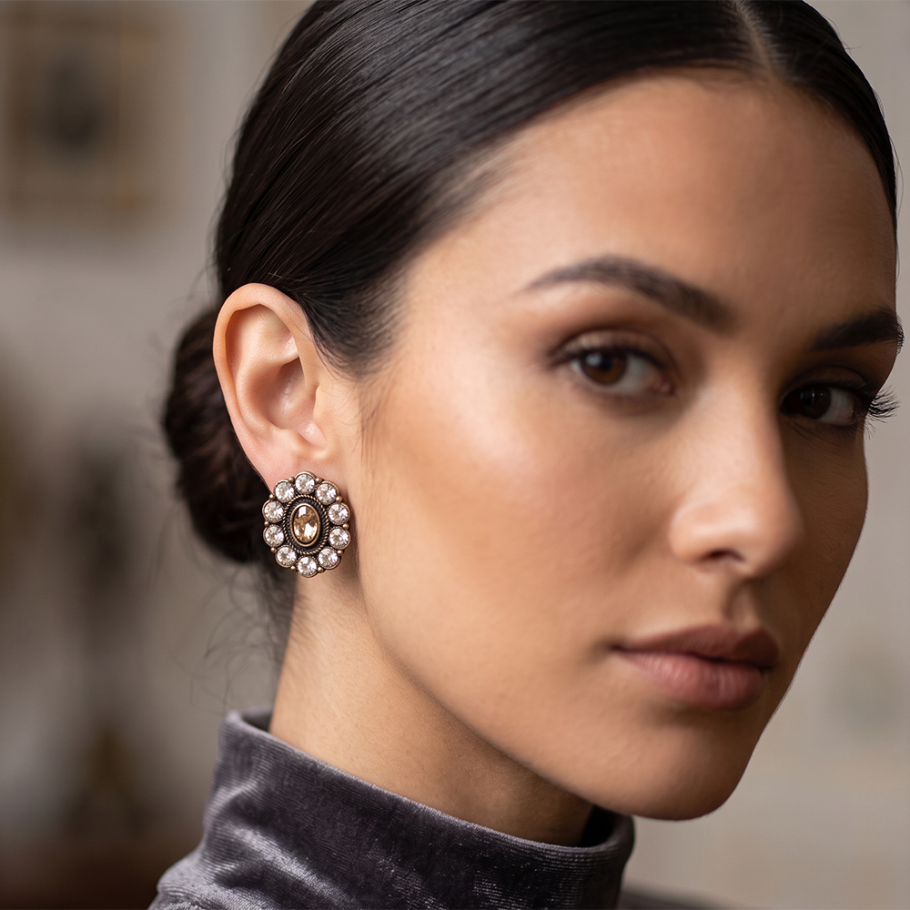 The99Jewel Antique Gold Plated Crystal Stud Earrings