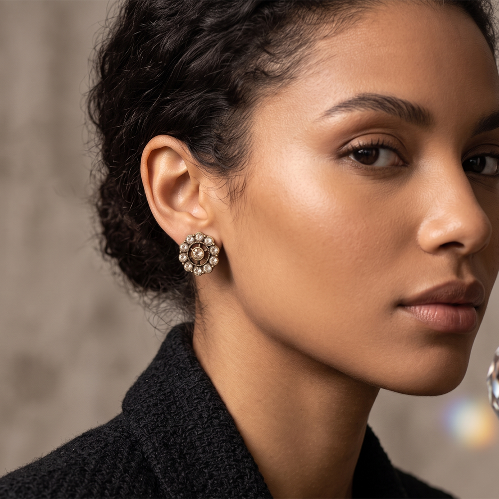 The99Jewel Antique Gold Plated Crystal Stud Earrings