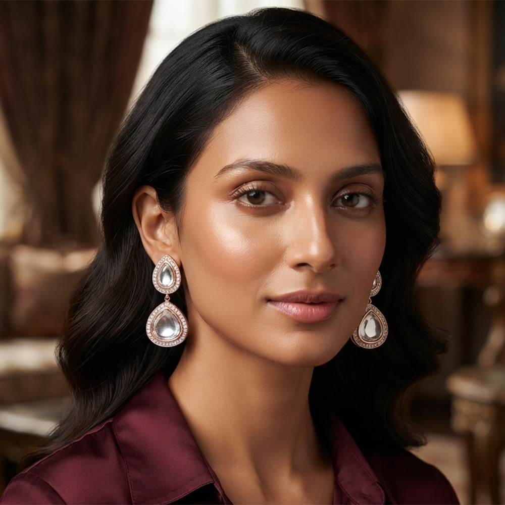 The99Jewel Rose Gold Plated Kundan And Austrian Stone Dangler Earrings