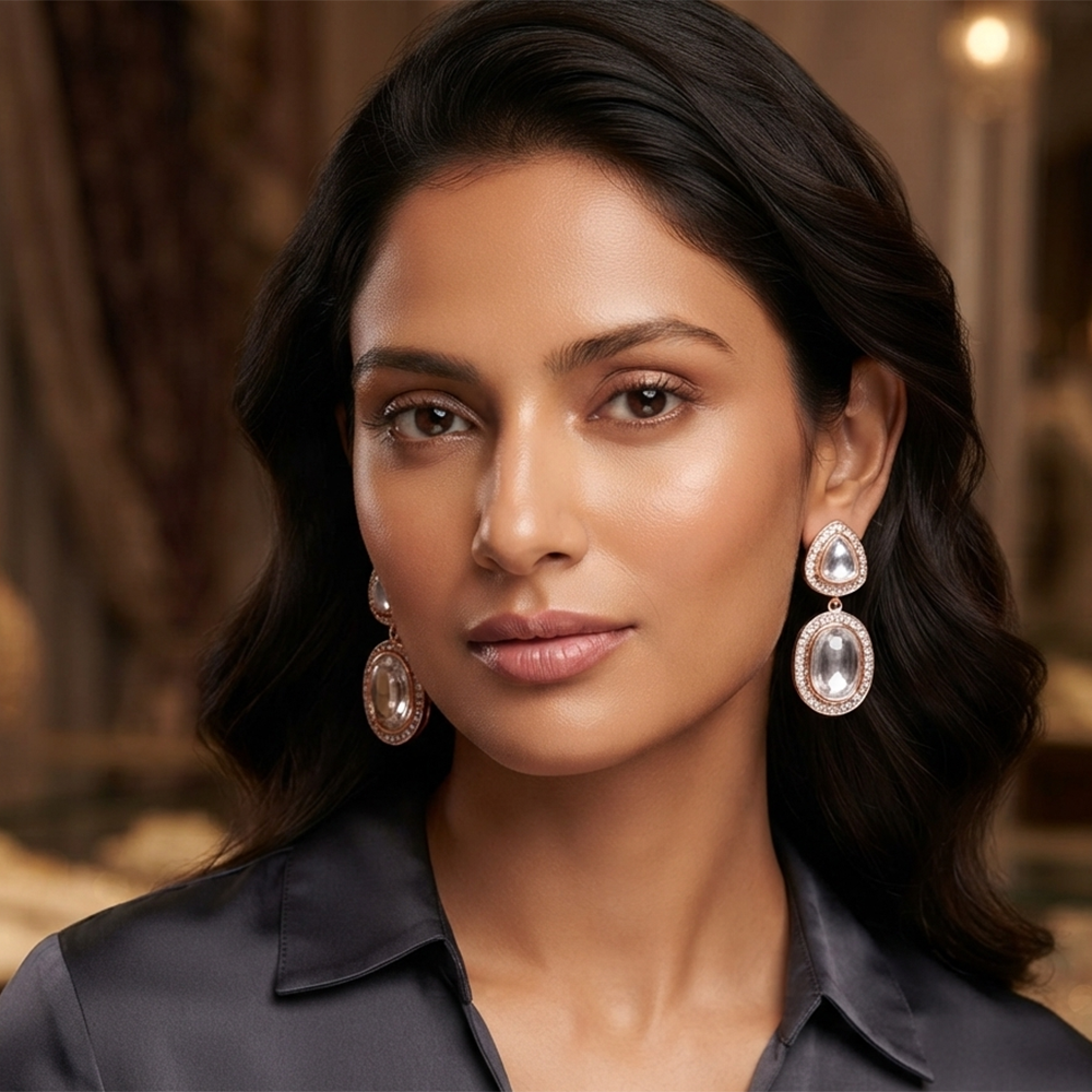 The99Jewel Rose Gold Plated Kundan And Austrian Stone Dangler Earrings