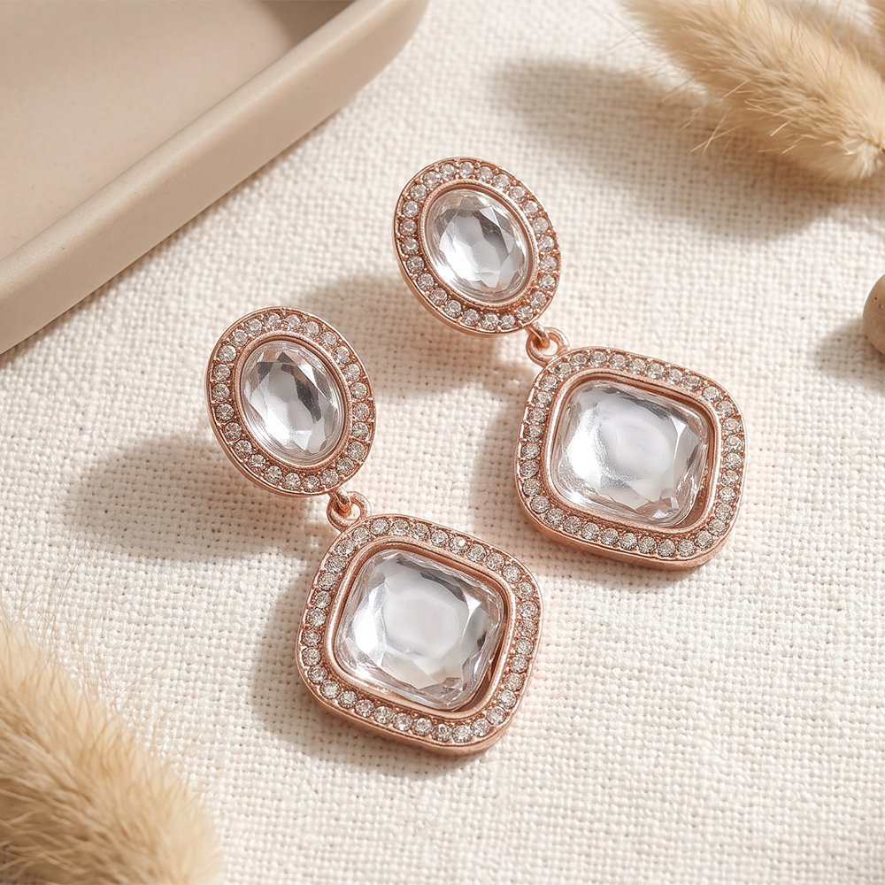 The99Jewel Rose Gold Plated Kundan And Austrian Stone Dangler Earrings