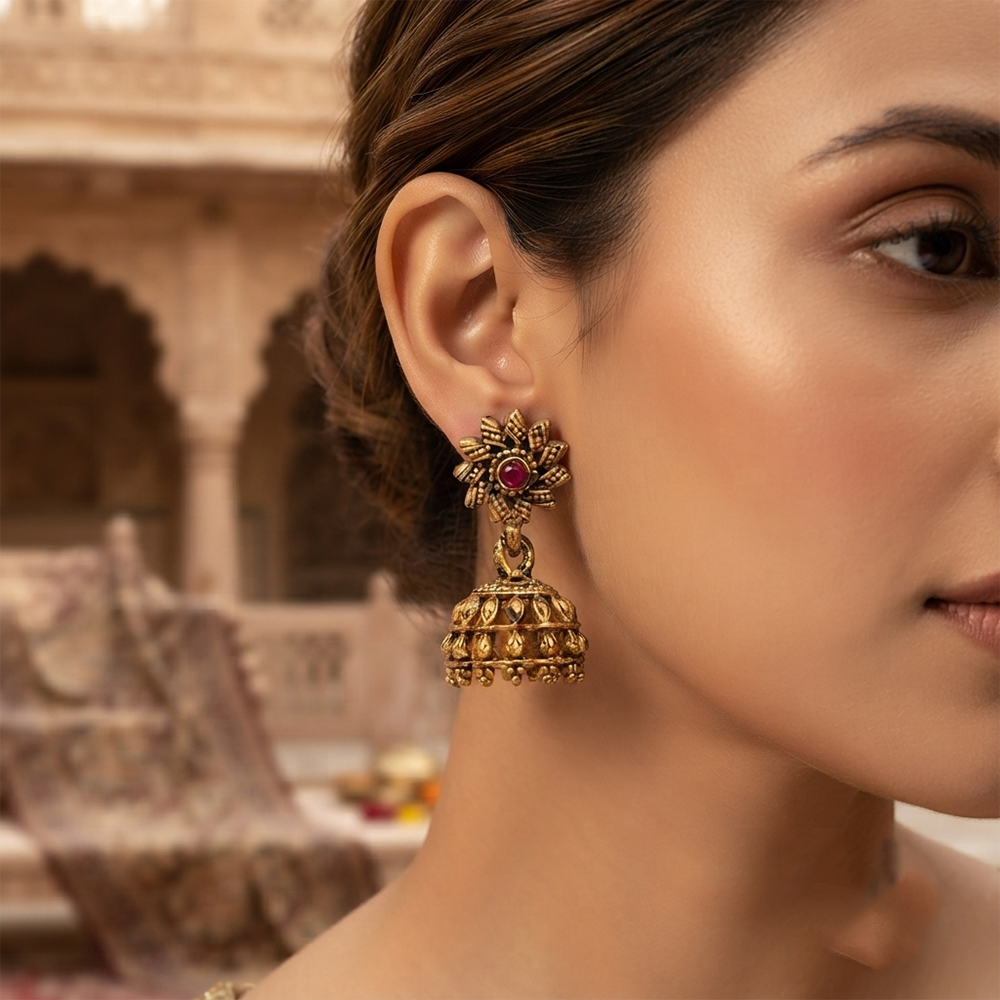 The99Jewel Antique Gold Plated Temple Jhumki Earrings