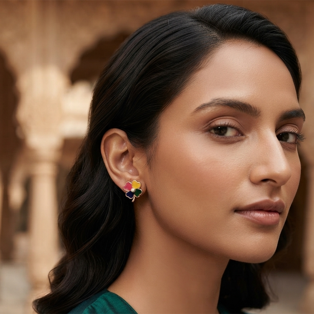 The99Jewel Rose Gold Plated Floral Enamel Stud Earrings