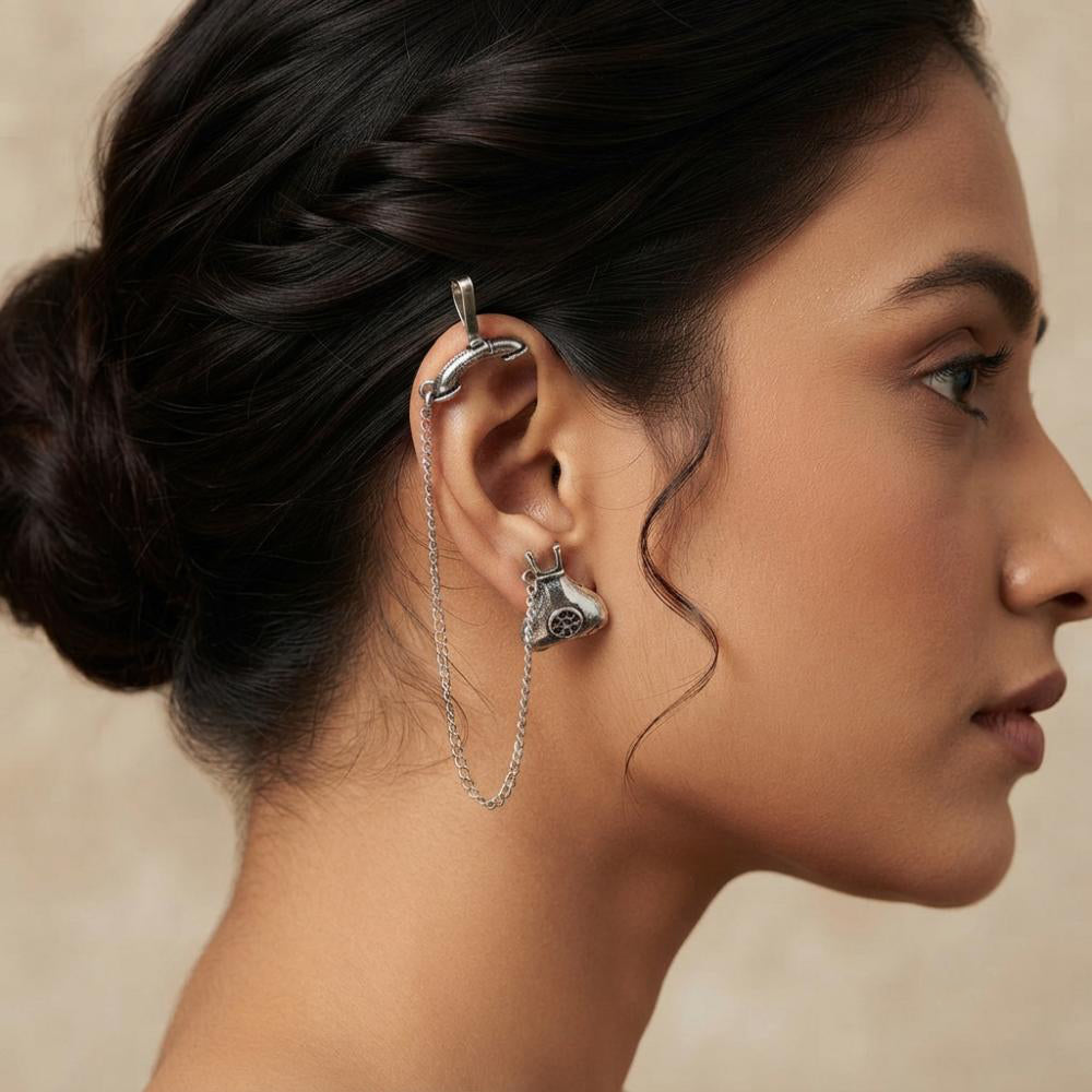 The99Jewel Telephone Shape Oxidised Ear Cuff Earrings for Women Stylish Ethnic Fashion Jewellery