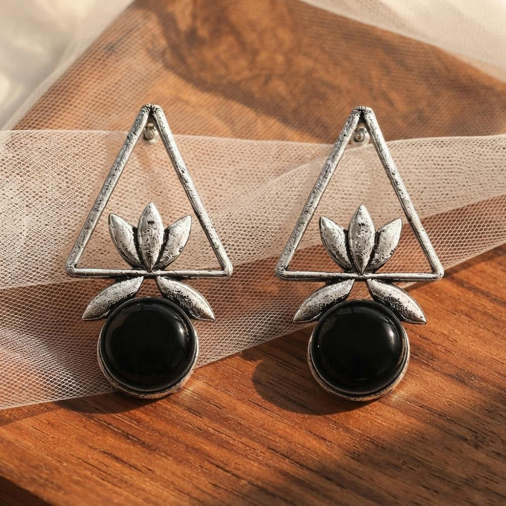 The99Jewel Oxidised Pota Stone Earrings With Lotus Motif for Women Traditional Jewellery