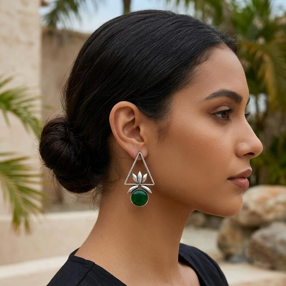 The99Jewel Oxidised Pota Stone Earrings With Lotus Motif for Women Traditional Jewellery