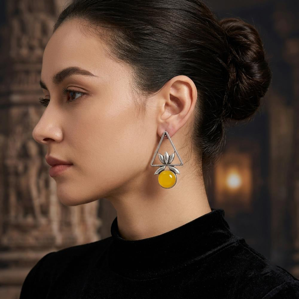 The99Jewel Oxidised Pota Stone Earrings With Lotus Motif for Women Traditional Jewellery
