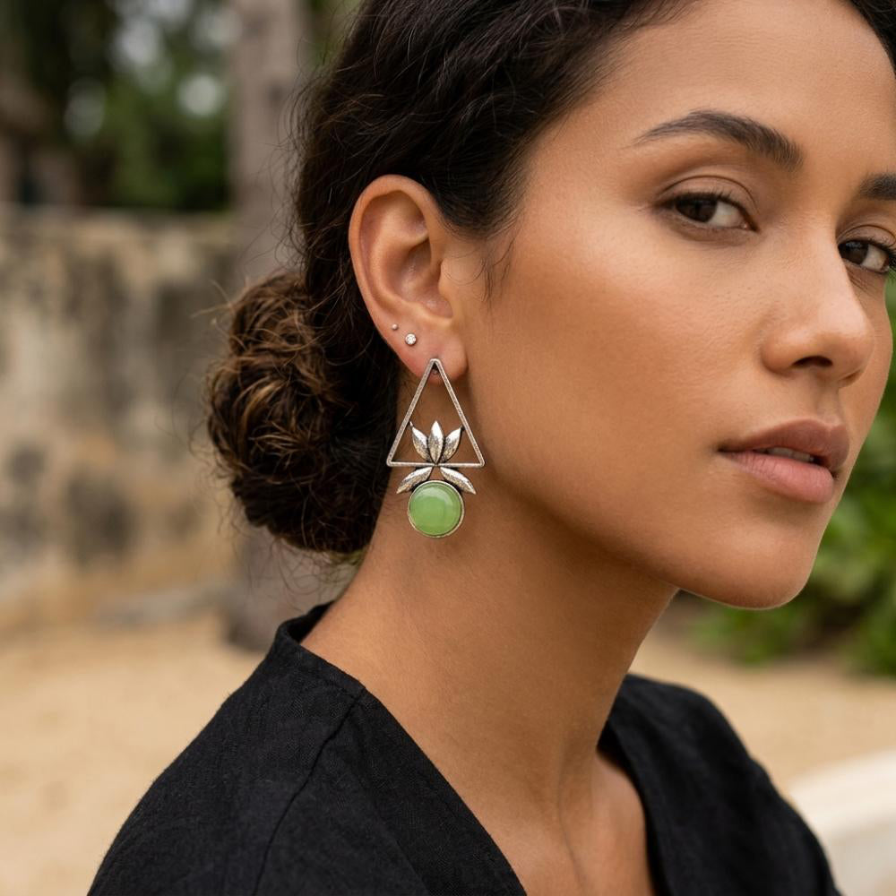 The99Jewel Oxidised Pota Stone Earrings With Lotus Motif for Women Traditional Jewellery