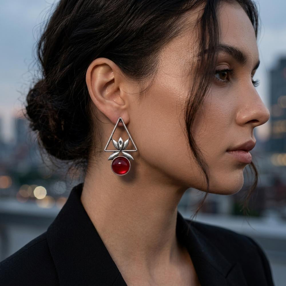 The99Jewel Oxidised Pota Stone Earrings With Lotus Motif for Women Traditional Jewellery