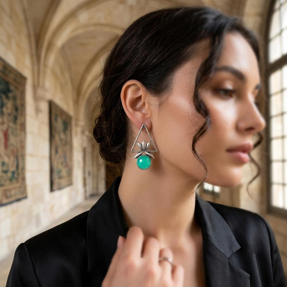 The99Jewel Oxidised Pota Stone Earrings With Lotus Motif for Women Traditional Jewellery