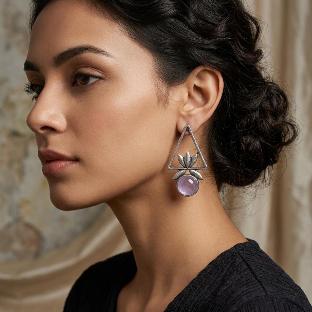 The99Jewel Oxidised Pota Stone Earrings With Lotus Motif for Women Traditional Jewellery