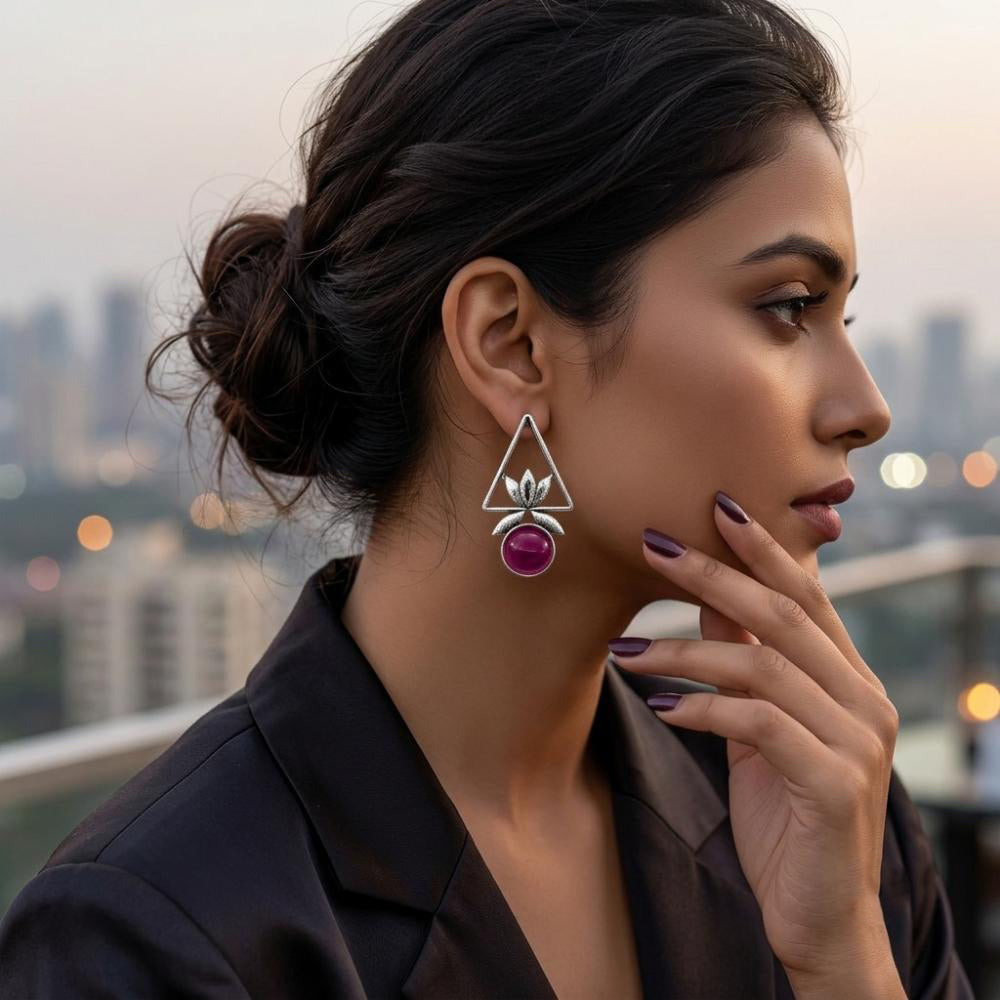 The99Jewel Oxidised Pota Stone Earrings With Lotus Motif for Women Traditional Jewellery