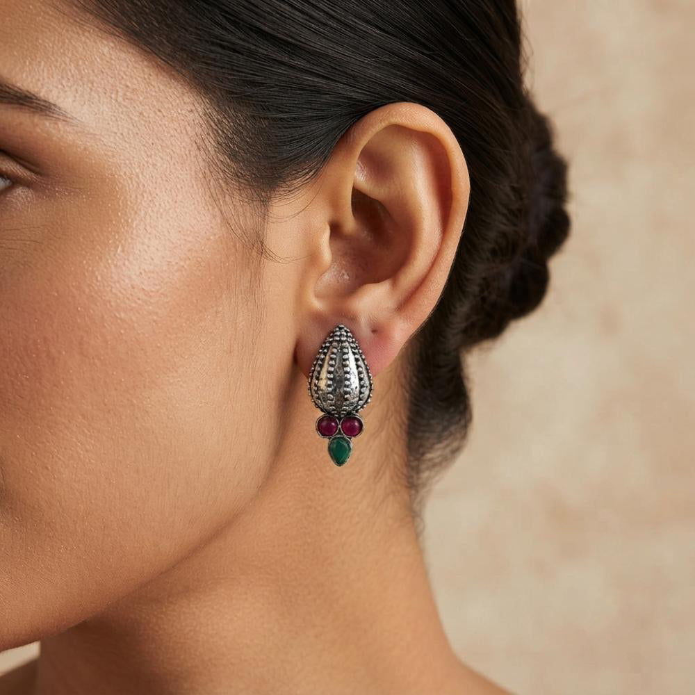 The99Jewel Stylish Oxidised Pota Stone Earrings Domed Motif for Women 