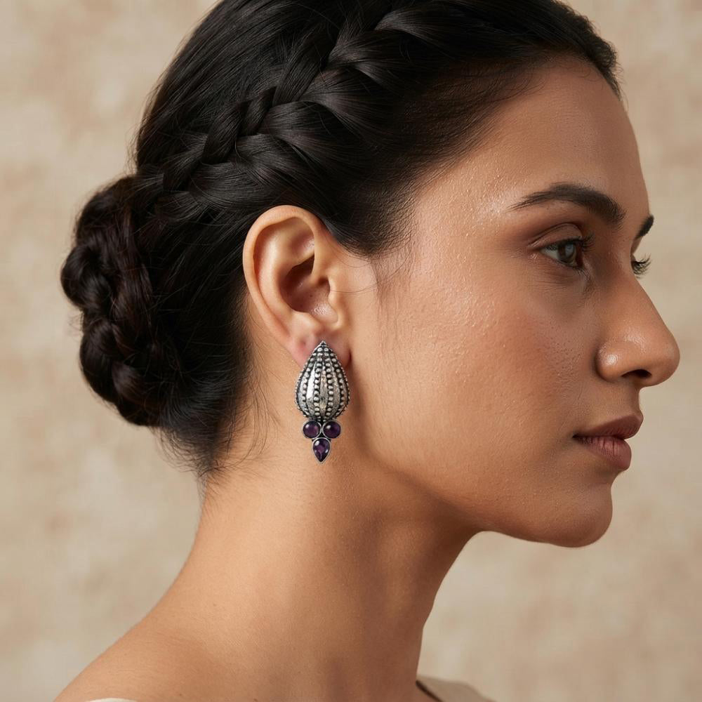 The99Jewel Stylish Oxidised Pota Stone Earrings Domed Motif for Women 