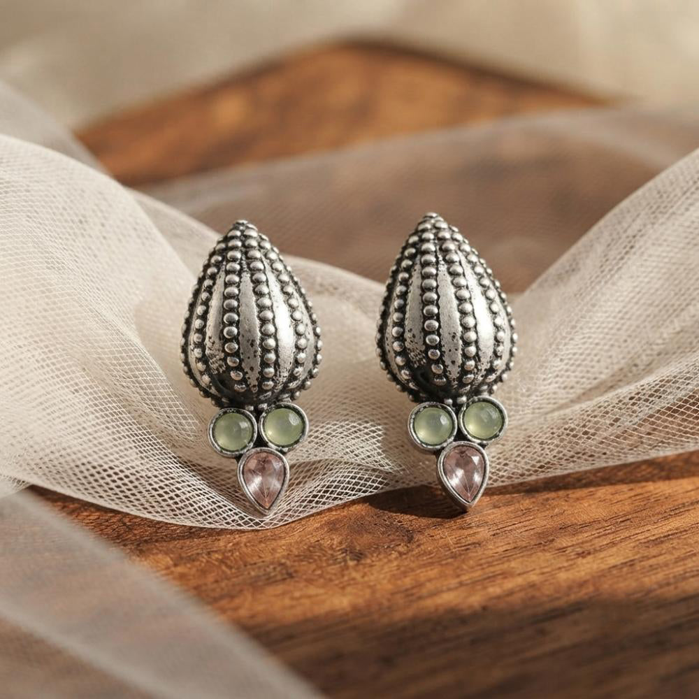 The99Jewel Stylish Oxidised Pota Stone Earrings Domed Motif for Women 
