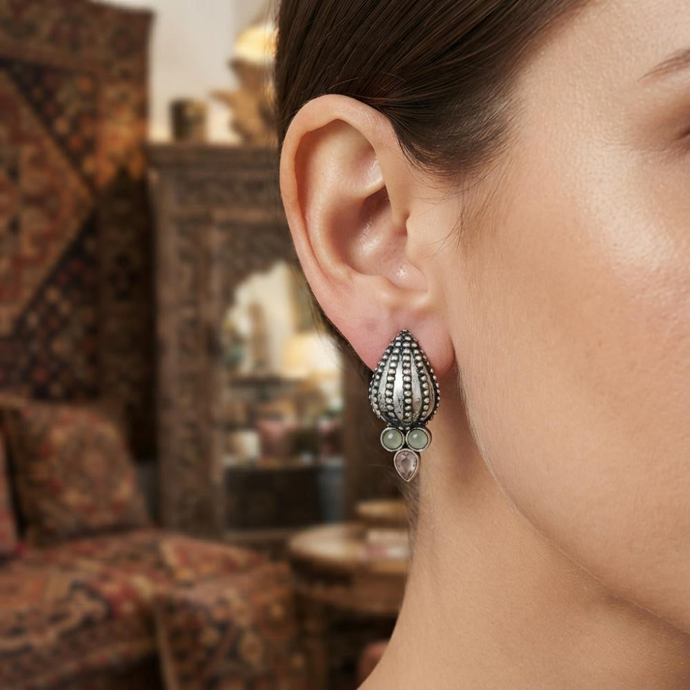 The99Jewel Stylish Oxidised Pota Stone Earrings Domed Motif for Women