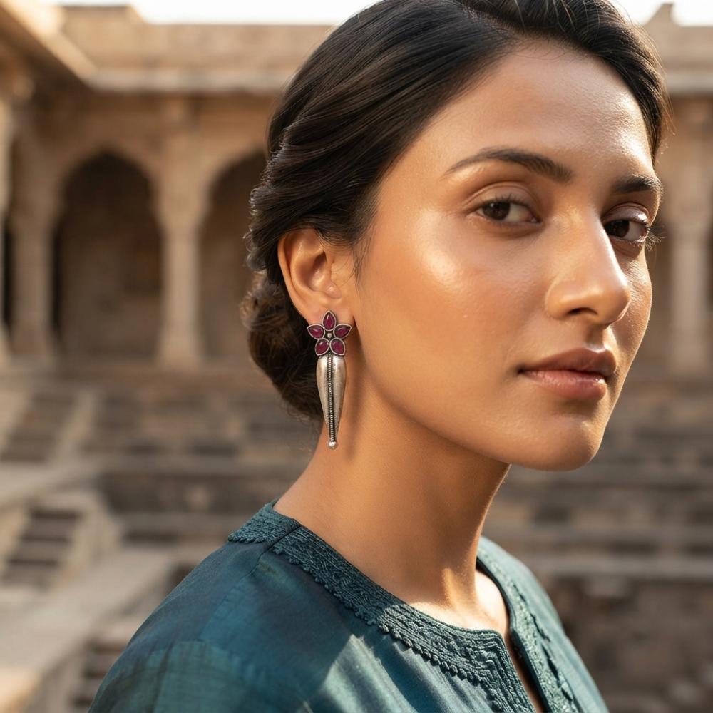 The99Jewel Traditional Pota Stone Oxidised Earrings With Floral Motif for Women