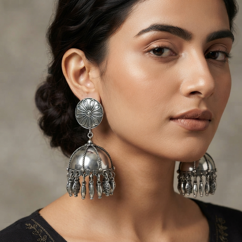 The99Jewel These oxidised silver jhumka earrings feature a floral stud for Women