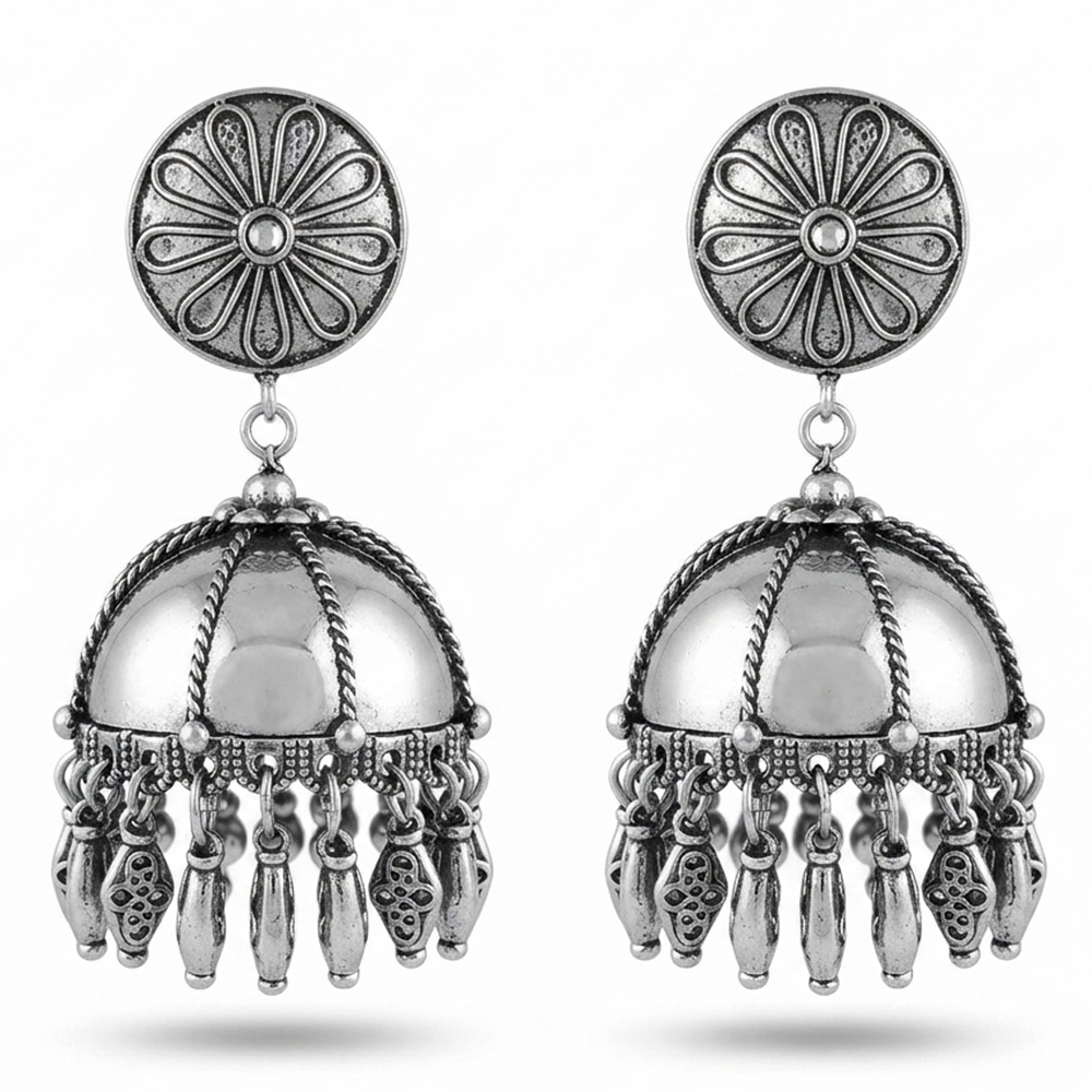 The99Jewel These oxidised silver jhumka earrings feature a floral stud for Women