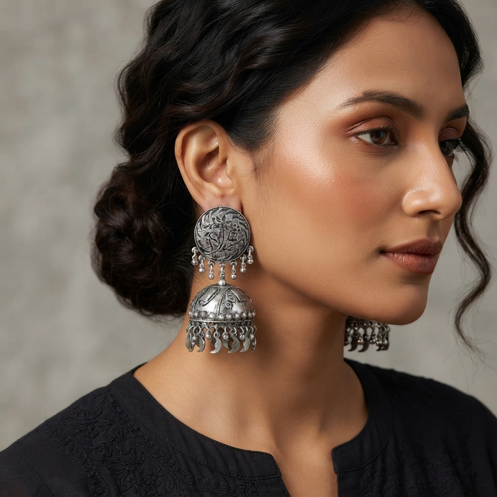 The99Jewel These oxidised silver jhumka earrings feature a floral stud for Women