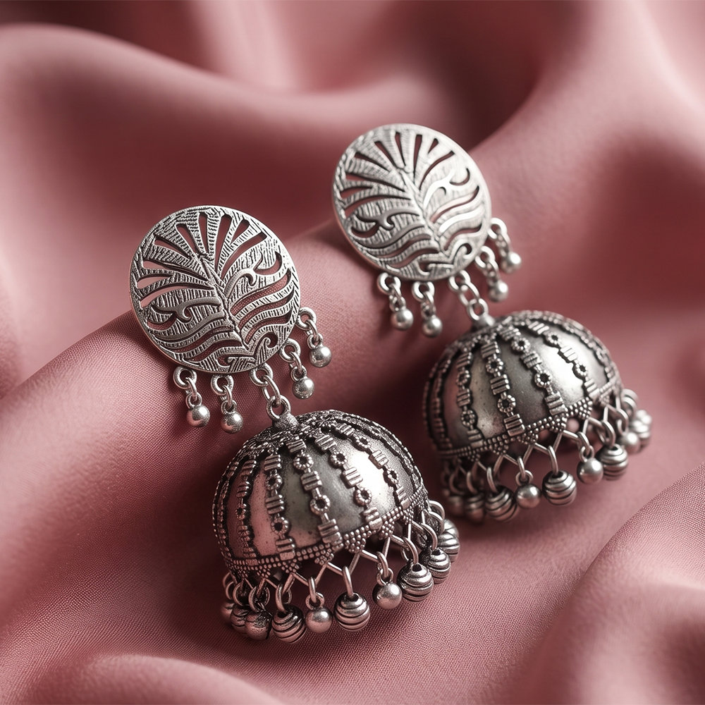 The99Jewel These oxidised silver jhumka earrings feature a floral stud for Women