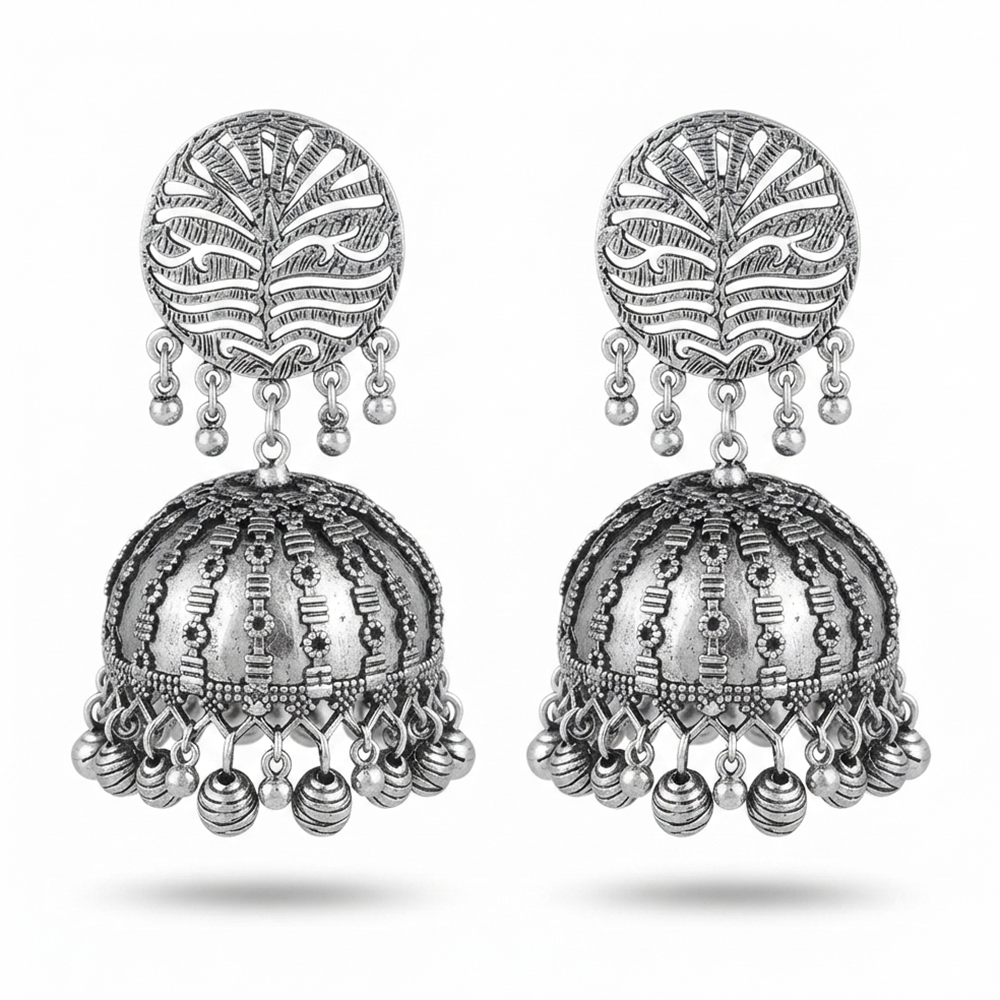 The99Jewel These oxidised silver jhumka earrings feature a floral stud for Women