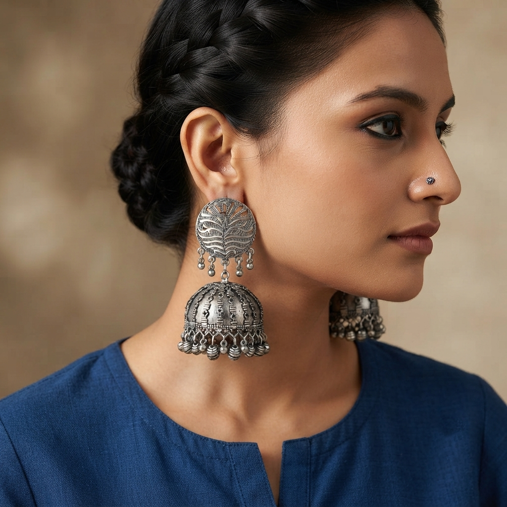 The99Jewel These oxidised silver jhumka earrings feature a floral stud for Women