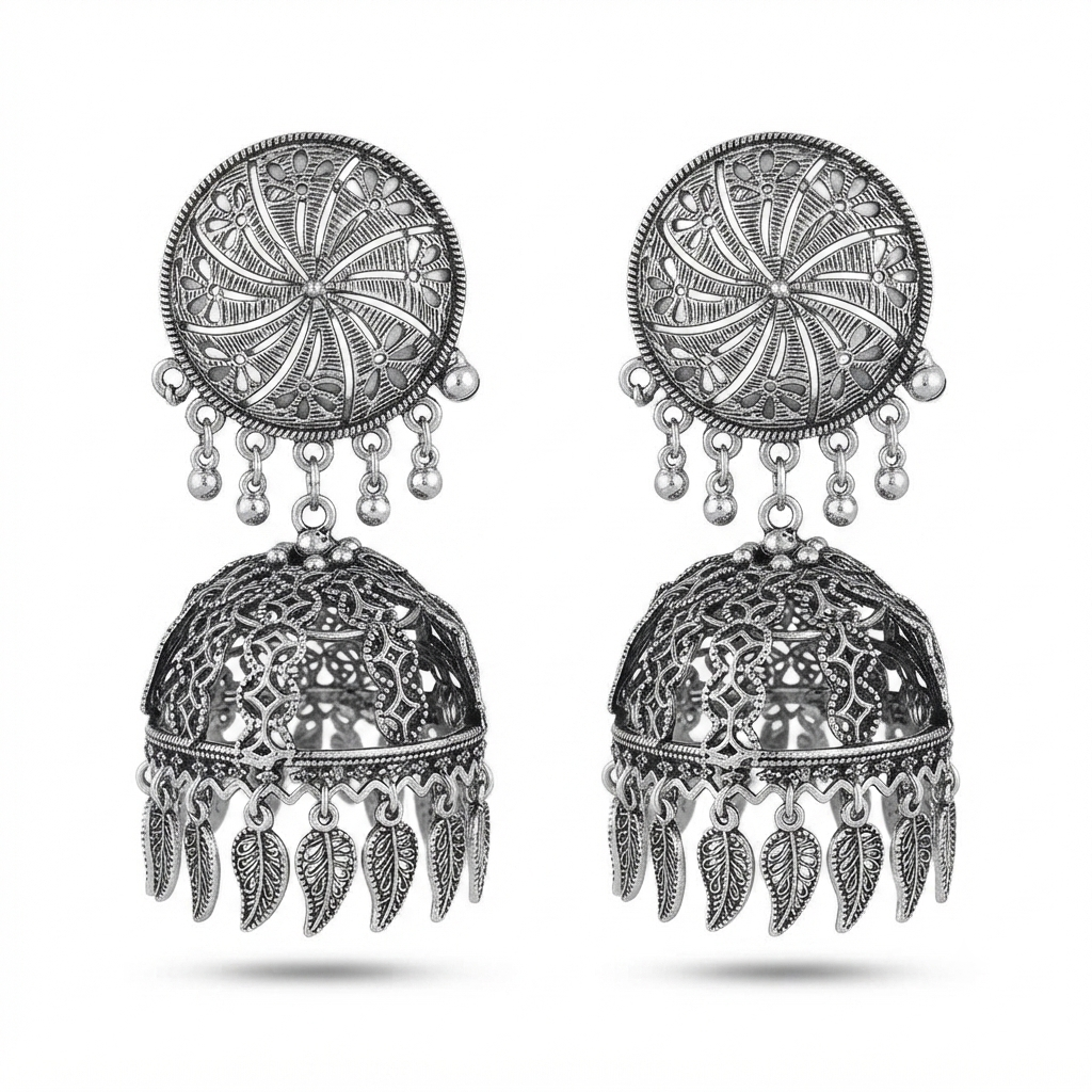 The99Jewel These oxidised silver jhumka earrings feature a floral stud for Women