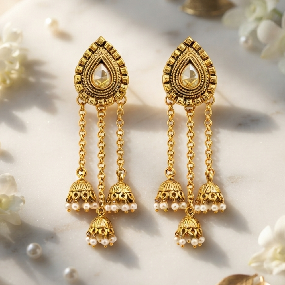 The99Jewel Designer Gold Plated Austrian Stone Kashmiri Jhumki Earrings for Women