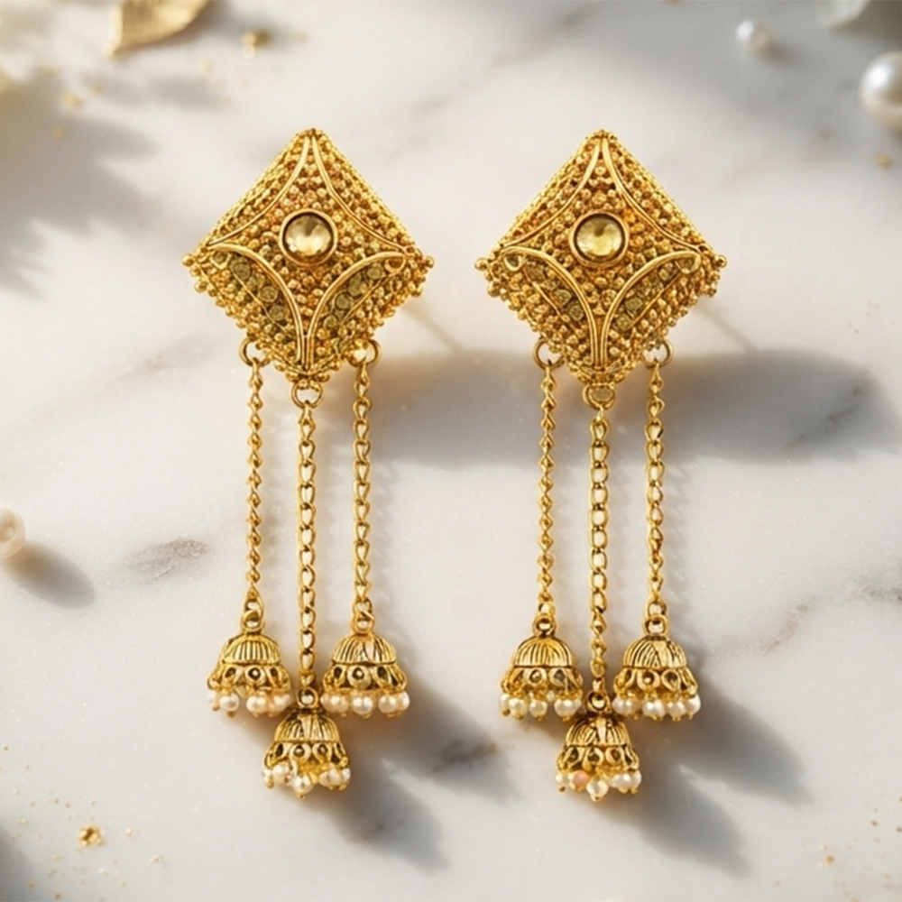 The99Jewel Festive Gold Plated Chain Kashmiri  Jhumki Earrings with Austrian Stone & Pearl