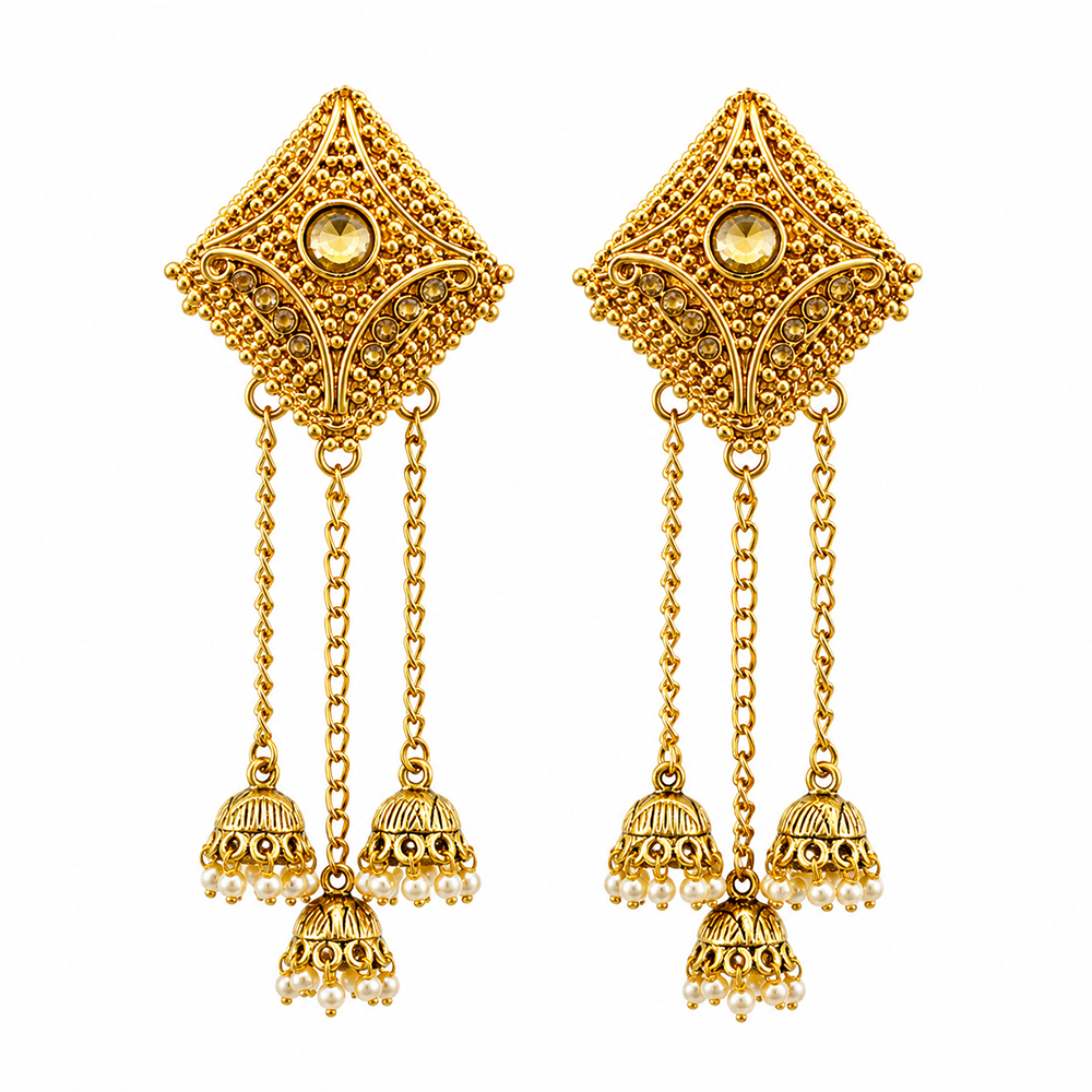 The99Jewel Festive Gold Plated Chain Kashmiri  Jhumki Earrings with Austrian Stone & Pearl