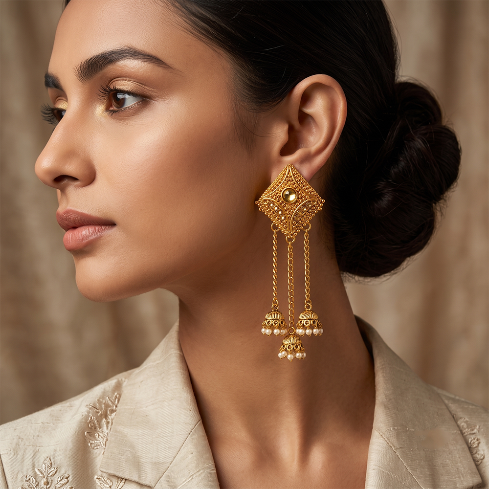 The99Jewel Festive Gold Plated Chain Jhumki Earrings with Austrian Stone & Pearl