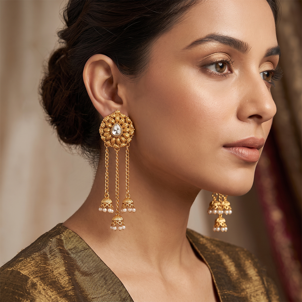 The99Jewel Traditional Gold Plated Pearl Chain Jhumki Earrings for Women