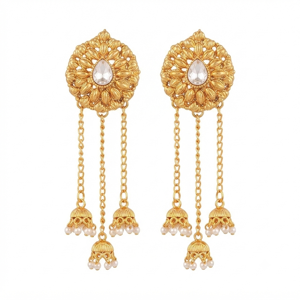 The99Jewel Traditional Gold Plated Pearl Chain Kashmiri  Jhumki Earrings for Women