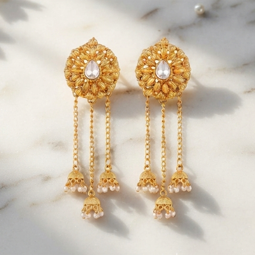 The99Jewel Traditional Gold Plated Pearl Chain Kashmiri  Jhumki Earrings for Women