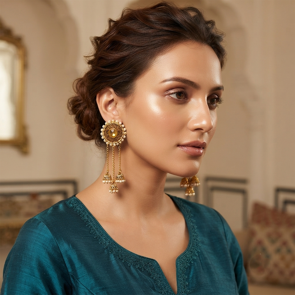 The99Jewel Gold Plated Austrian Stone & Pearl Kashmiri Jhumki Dangler Earrings for Women