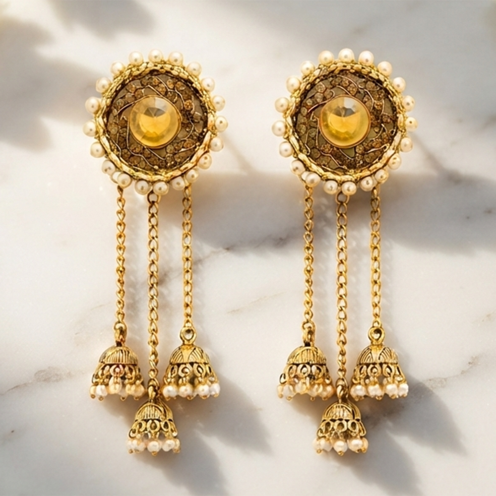 The99Jewel Gold Plated Austrian Stone & Pearl Chain Jhumki Dangler Earrings for Women