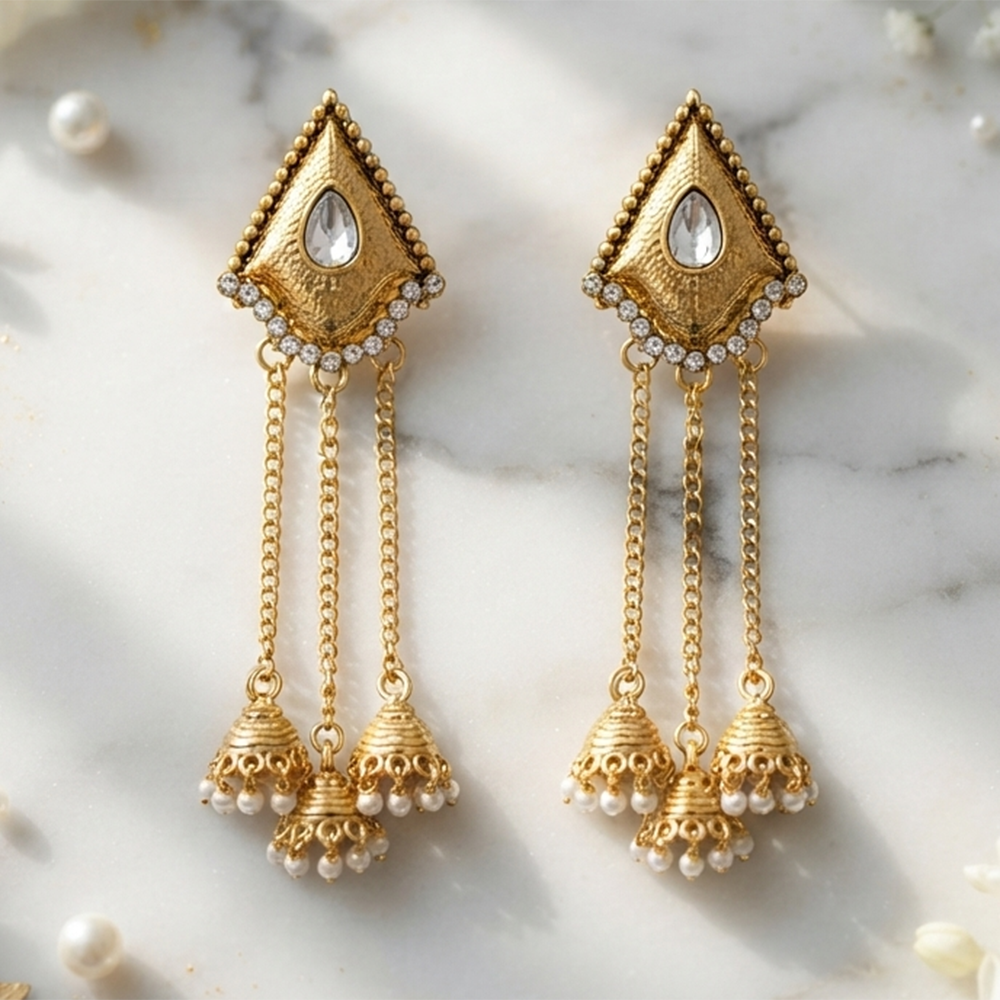 The99Jewel Ethnic Gold Plated Chain Jhumki Earrings with Austrian Stone & Pearl