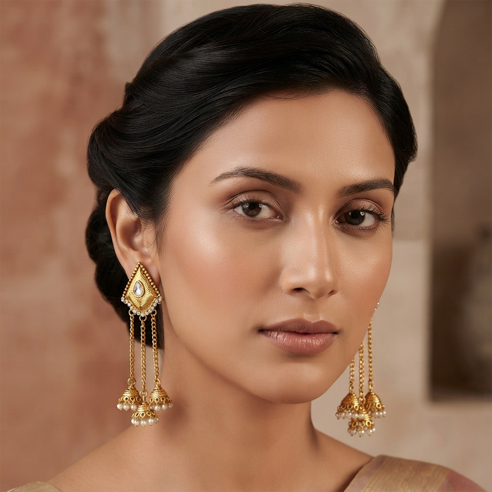 The99Jewel Ethnic Gold Plated Kashmiri Jhumki Earrings with Austrian Stone & Pearl