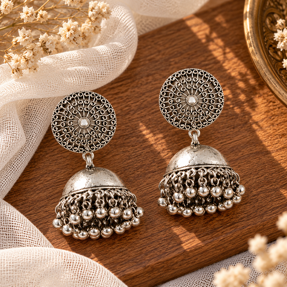 The99Jewel Modern-Ethnic Oxidised Plated Jhumki Earrings With Ghungroo Jewellery for Women