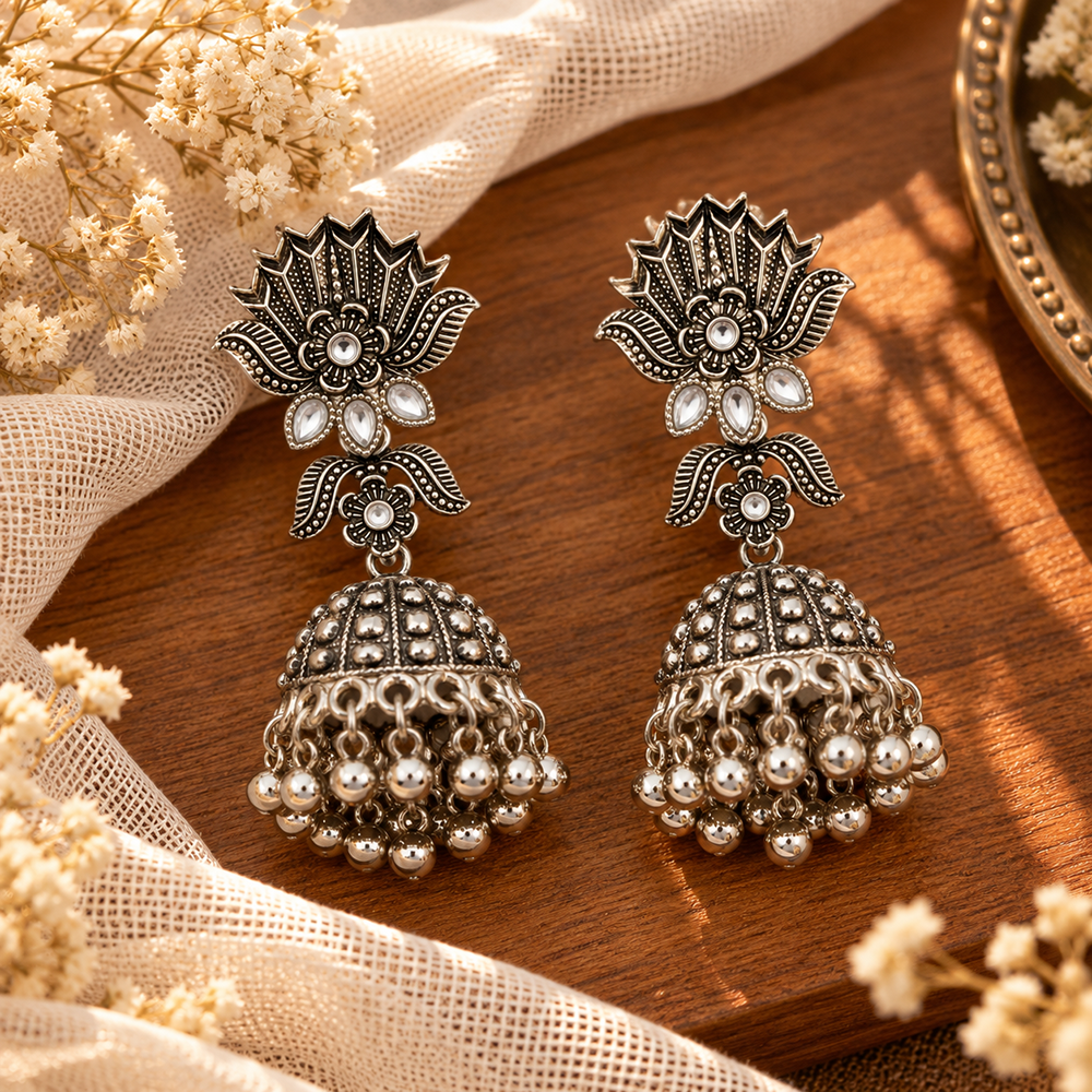 The99Jewel Modern-Ethnic Oxidised Plated Jhumki Earrings With Ghungroo Jewellery for Women