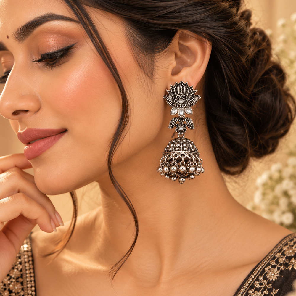 The99Jewel Modern-Ethnic Oxidised Plated Jhumki Earrings With Ghungroo Jewellery for Women
