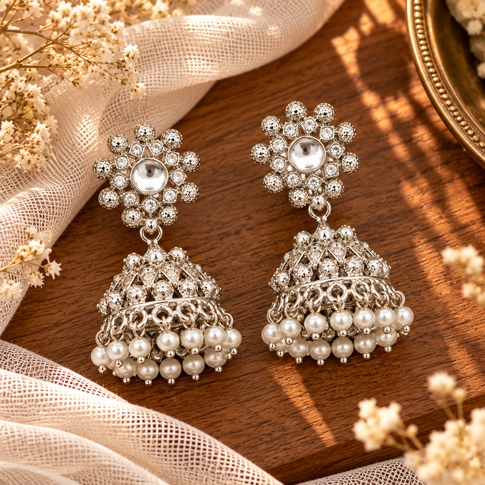 The99Jewel Modern-Ethnic Austrian Stone Oxidised Plated Jhumki Earrings With Pearl Jewellery for Women