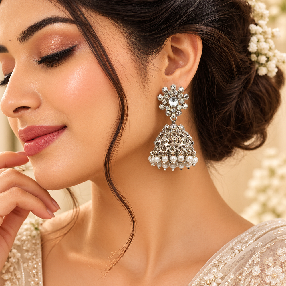 The99Jewel Modern-Ethnic Austrian Stone Oxidised Plated Jhumki Earrings With Pearl Jewellery for Women