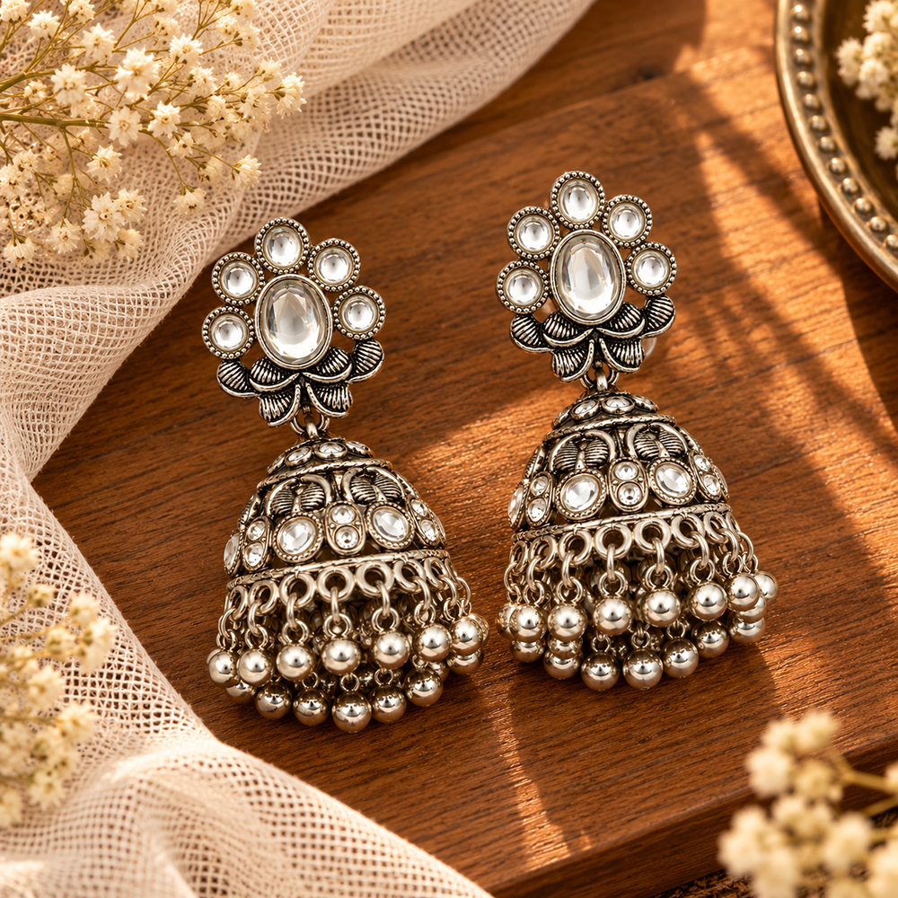 The99Jewel Modern-Ethnic Crystal Stone Oxidised Plated Jhumki Earrings With Ghungroo Jewellery for Women