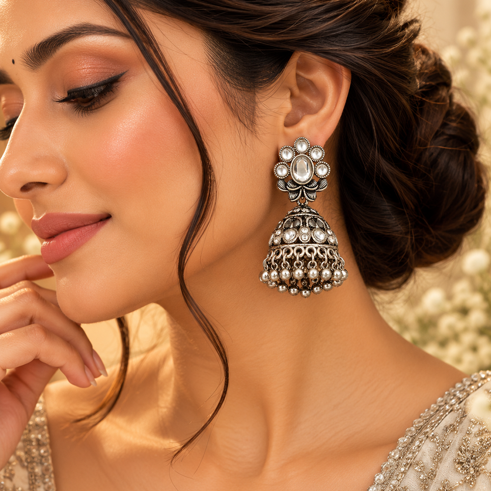 The99Jewel Modern-Ethnic Crystal Stone Oxidised Plated Jhumki Earrings With Ghungroo Jewellery for Women