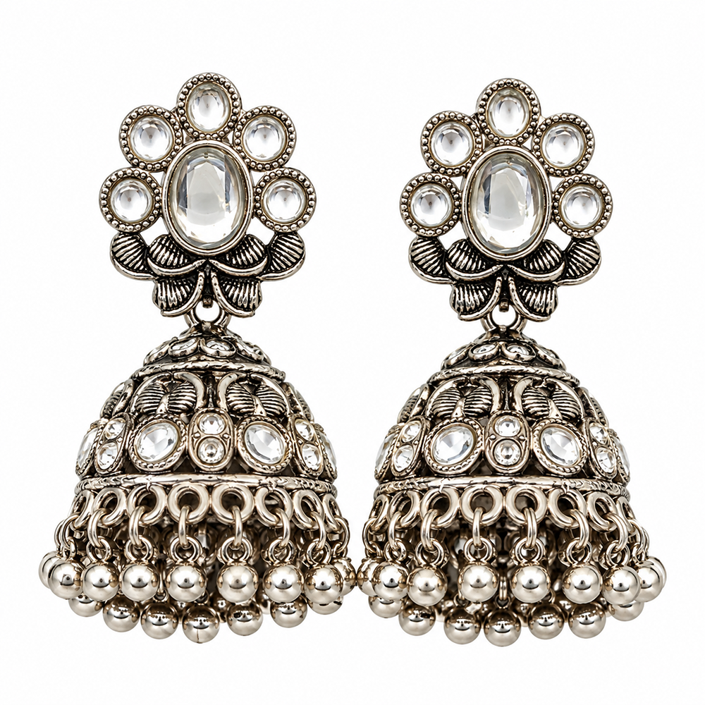 The99Jewel Modern-Ethnic Crystal Stone Oxidised Plated Jhumki Earrings With Ghungroo Jewellery for Women