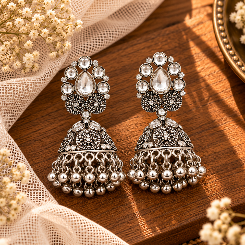 The99Jewel Modern-Ethnic Crystal Stone Oxidised Plated Jhumki Earrings With Ghungroo Jewellery for Women
